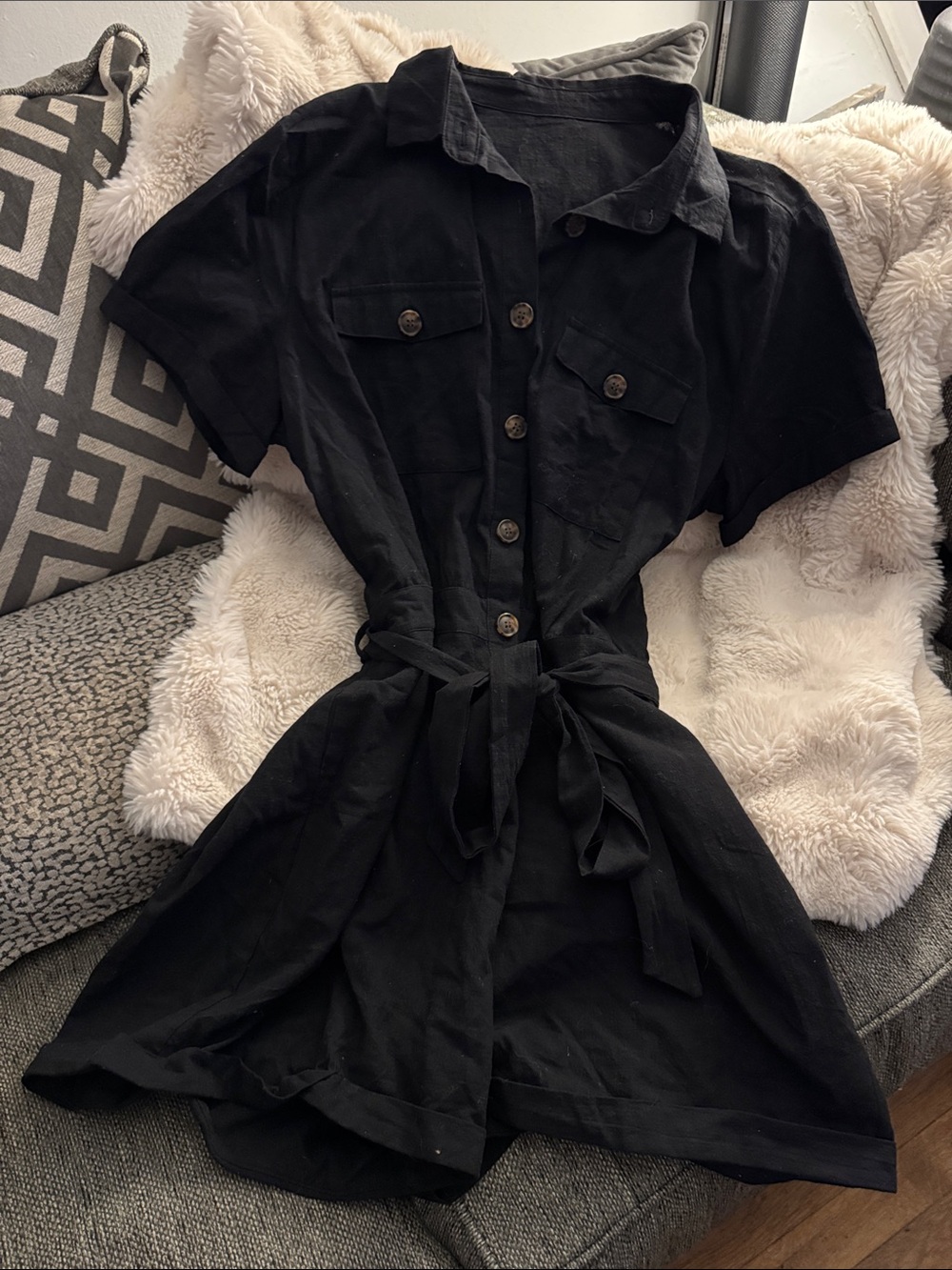 Black Tie-Waist Short Sleeve Romper